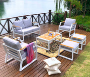 Direct Wicker White Iron Conversational Sofa Set with Drink Cooler Coffee Table