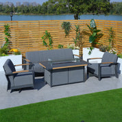 Direct Wicker Aluminum Patio Gray Fire Pit Dining Set with Modern Gray Cushions