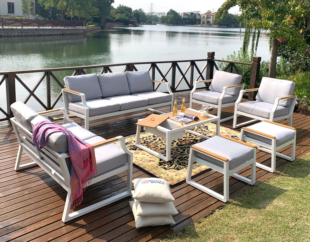 Direct Wicker White Iron Conversational Sofa Set with Drink Cooler Coffee Table