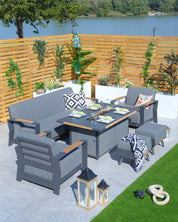 Direct Wicker Aluminum Patio Gray Fire Pit Dining Set with Modern Gray Cushions