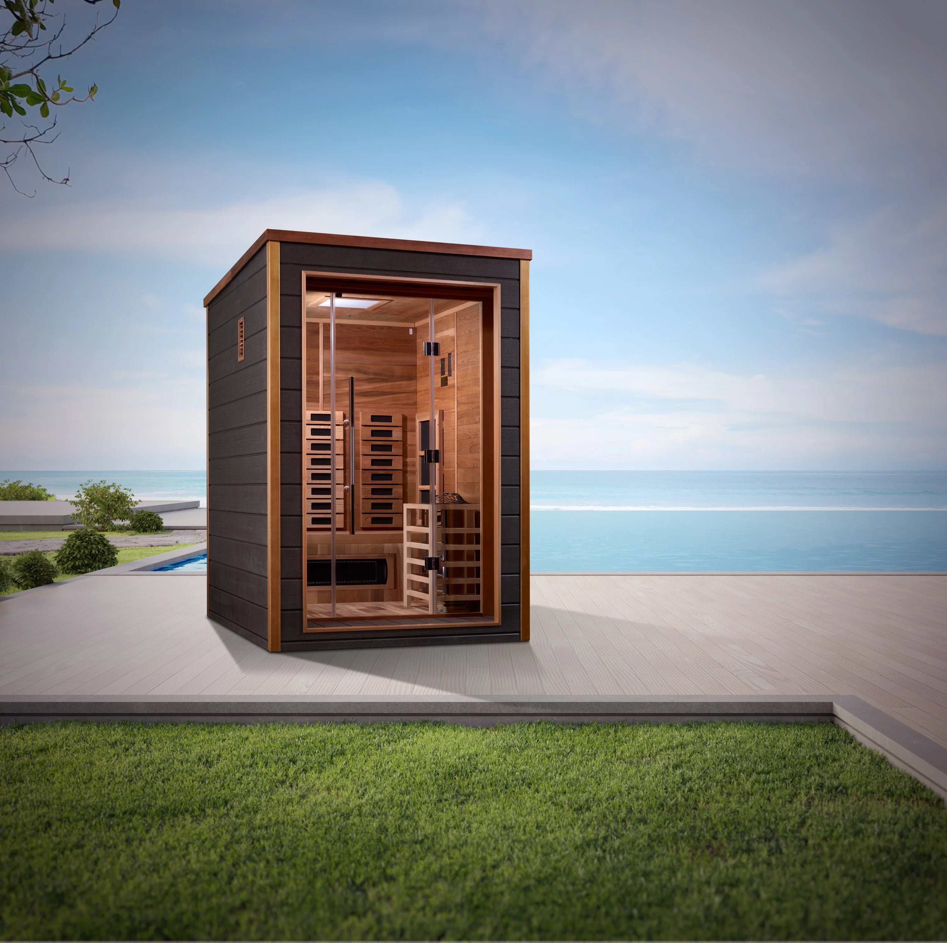 Golden Designs Nora 2 Person Outdoor-Indoor PureTech™ Hybrid Full-Spectrum Steam Sauna - Canadian Red Cedar Interior (GDI-8222-01)