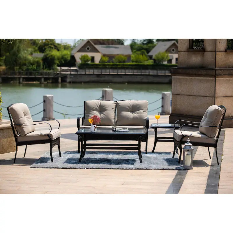 Patio Iron 4 or 5 Piece Sofa Seating Group with Cushions - 4 Pieces - Beige