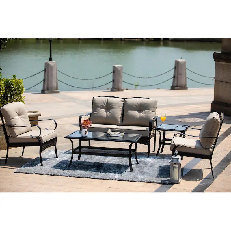 Patio Iron 4 or 5 Piece Sofa Seating Group with Cushions - 4 Pieces - Beige