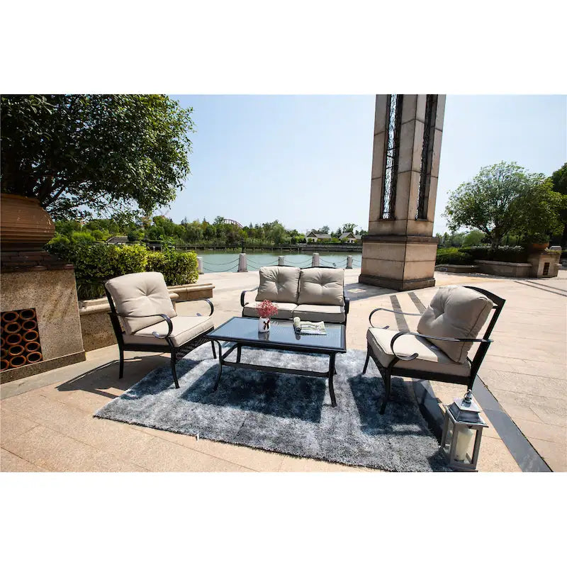 Patio Iron 4 or 5 Piece Sofa Seating Group with Cushions - 4 Pieces - Beige