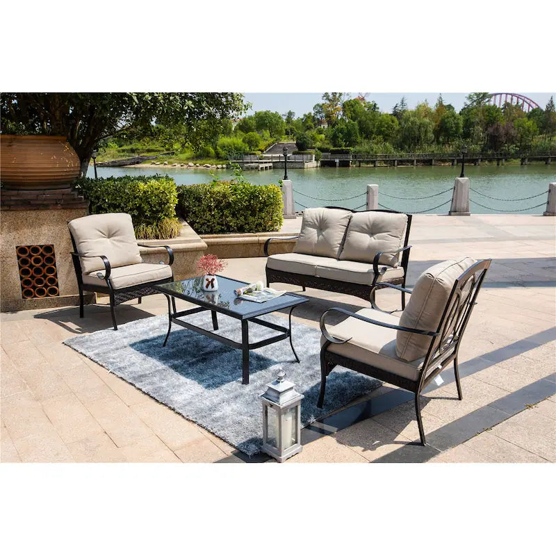 Patio Iron 4 or 5 Piece Sofa Seating Group with Cushions - 4 Pieces - Beige