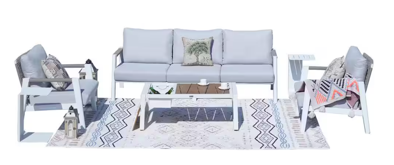 Direct Wicker Carol 6-Piece Aluminum Patio Conversation Set with Ice Box Table and Gray Cushions