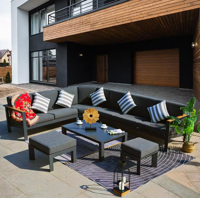 Direct Wicker Anna Black 7-Piece Aluminum Patio Conversation Sectional Set with Black Cushions