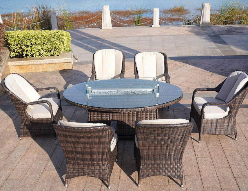 Direct Wicker Jade 47 in. x 70 in. Brown Oval Wicker Propane Gas Fire Pit Table with Chairs