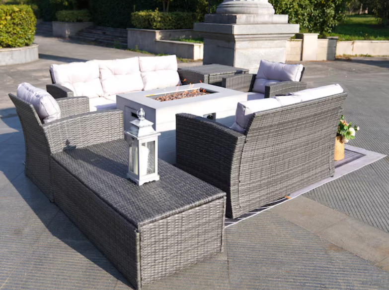 Direct Wicker Moda Furnishings Winner 8-Piece Wicker Patio Conversation Set with Gray Cushions