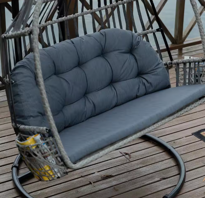 Direct Wicker Bobi Beige Wicker Double Seat Patio Swing Chair with Gray Cushion