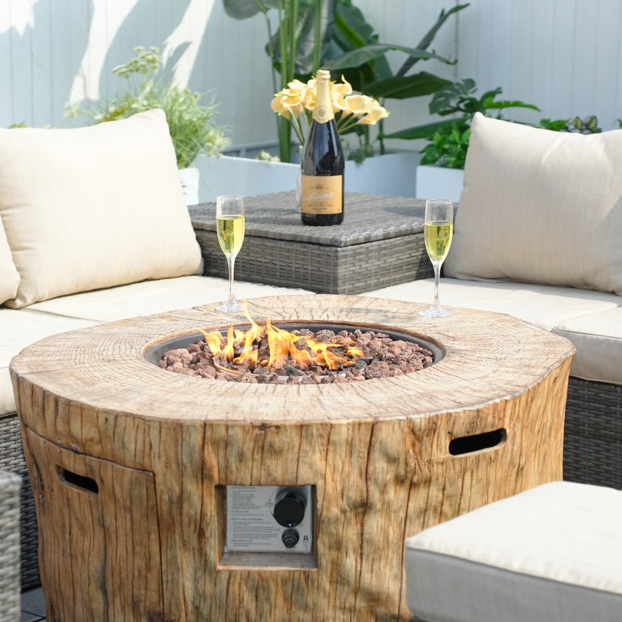 Direct Wicker Round Fire Pit Table, Terrafab Material Outdoor Fire Pit Table, Gas Fire Pit Dining Table | Model PAG-2180